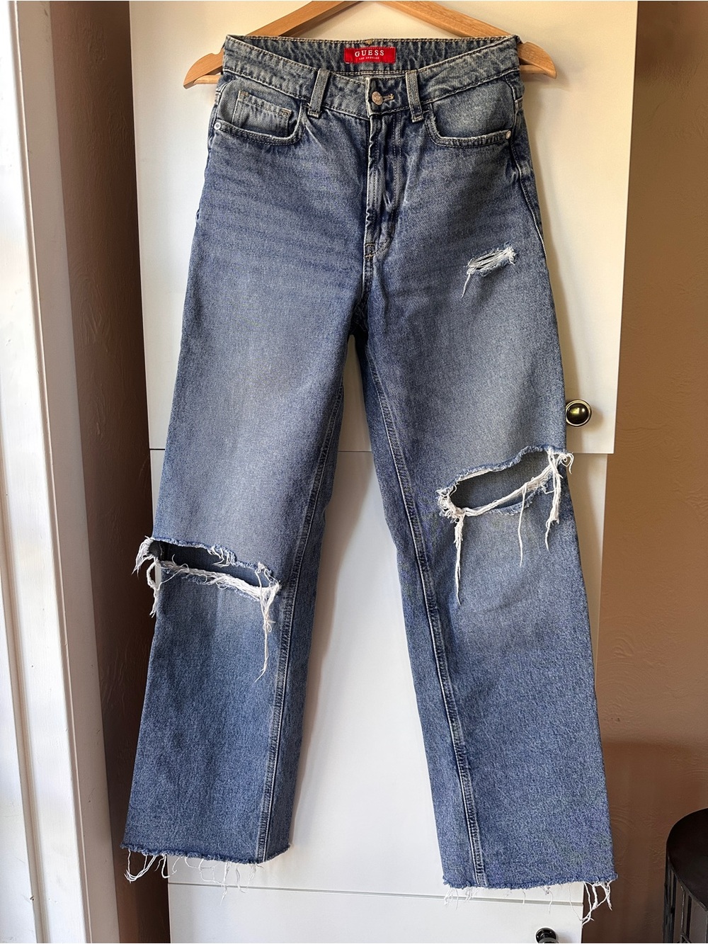 GUESS Distressed High Rise Straight-Leg Jeans